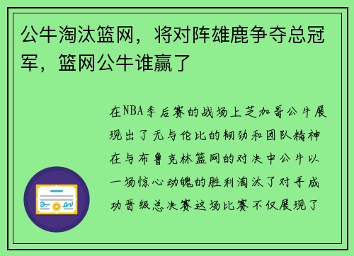 公牛淘汰篮网，将对阵雄鹿争夺总冠军，篮网公牛谁赢了